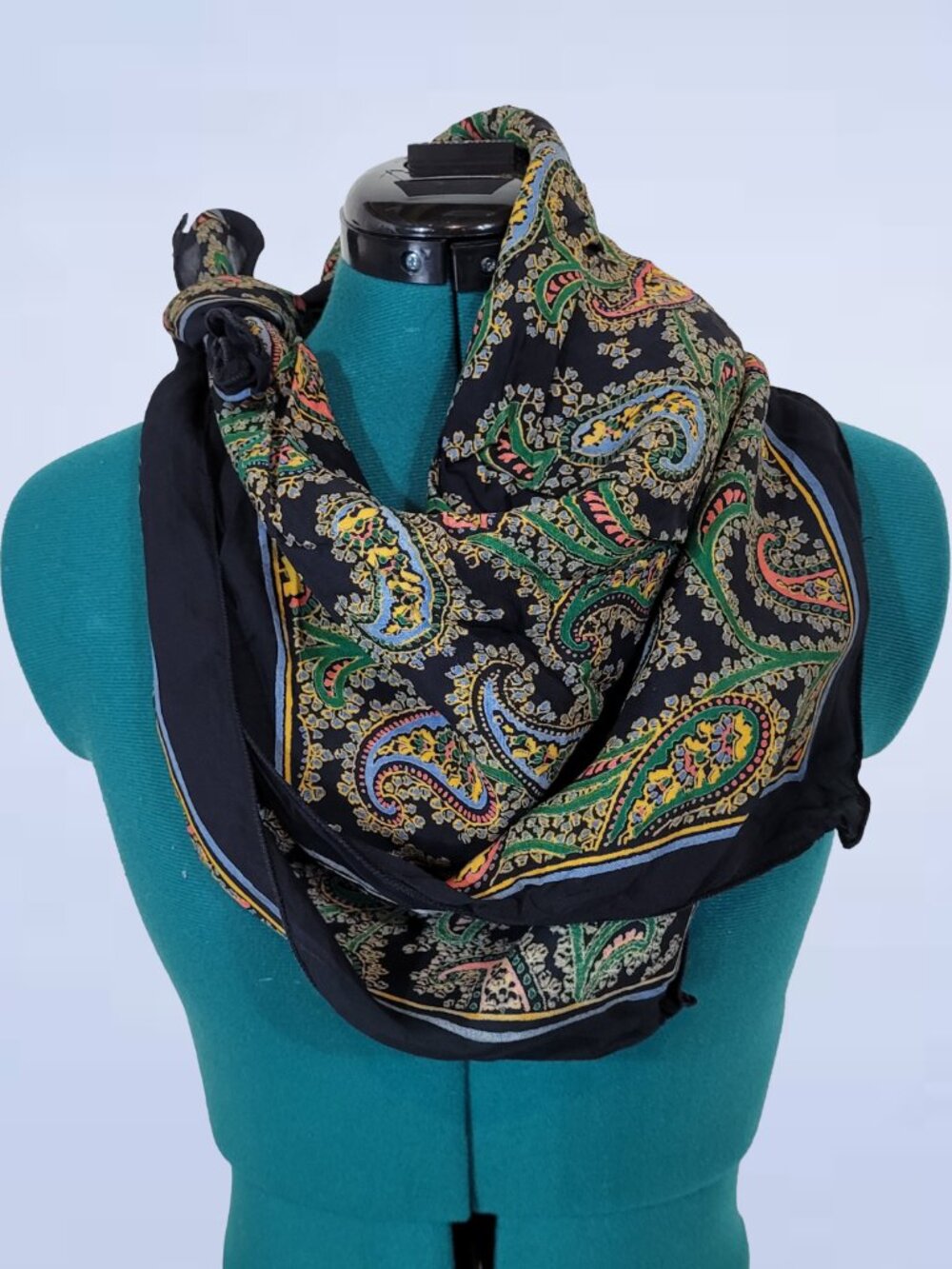 Vintage Black Paisley Scarf - Colorful Jewel Tone Square Neck Wrap